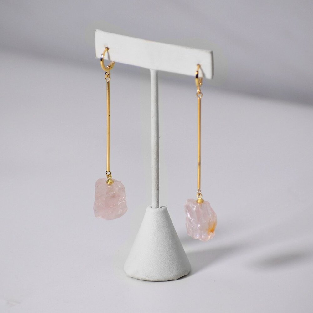 Long Rose Quartz Bar Earrings